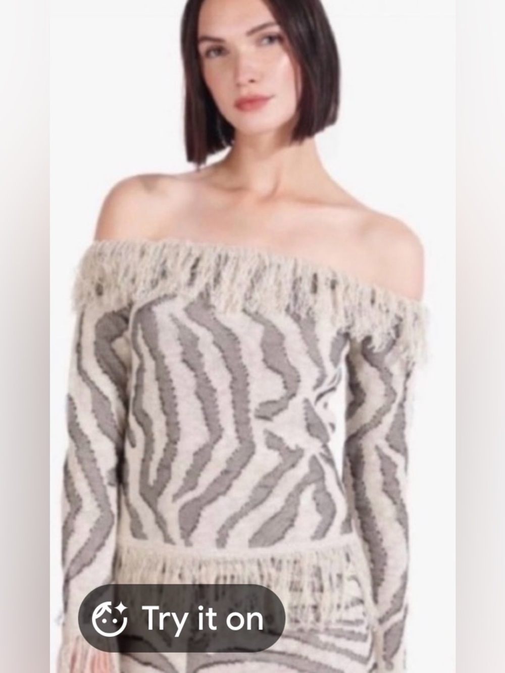 NWOT STAUD Off-Shoulder Fringe Zebra Knit Sweater - Cream & Gray/Black - M